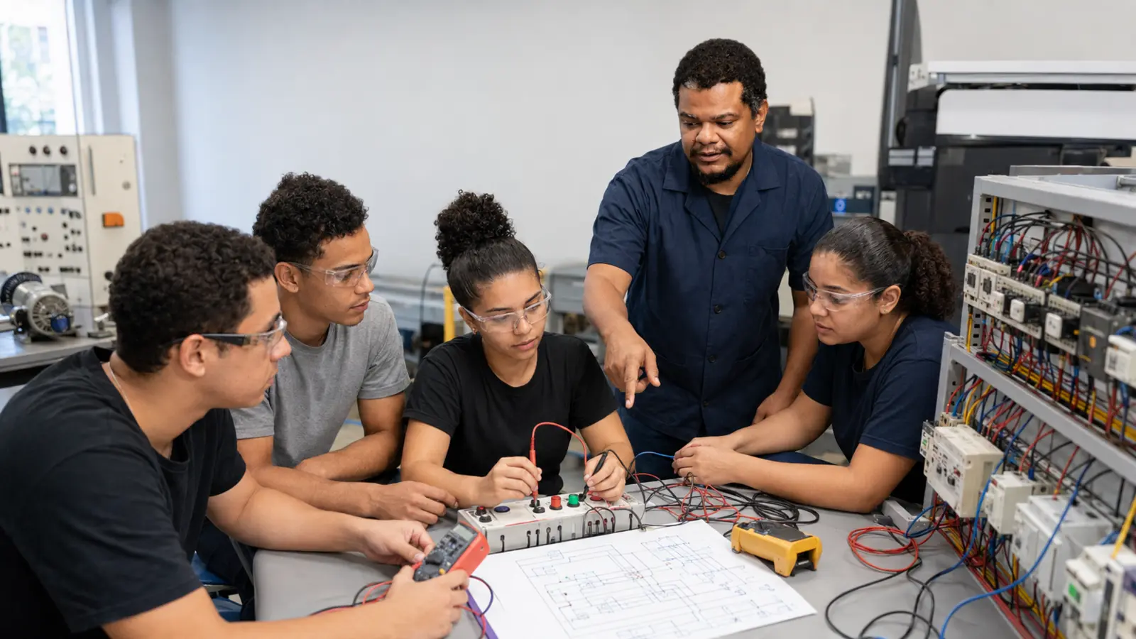 Mateus orientando estudantes em uma prática de eletroeletrônica
