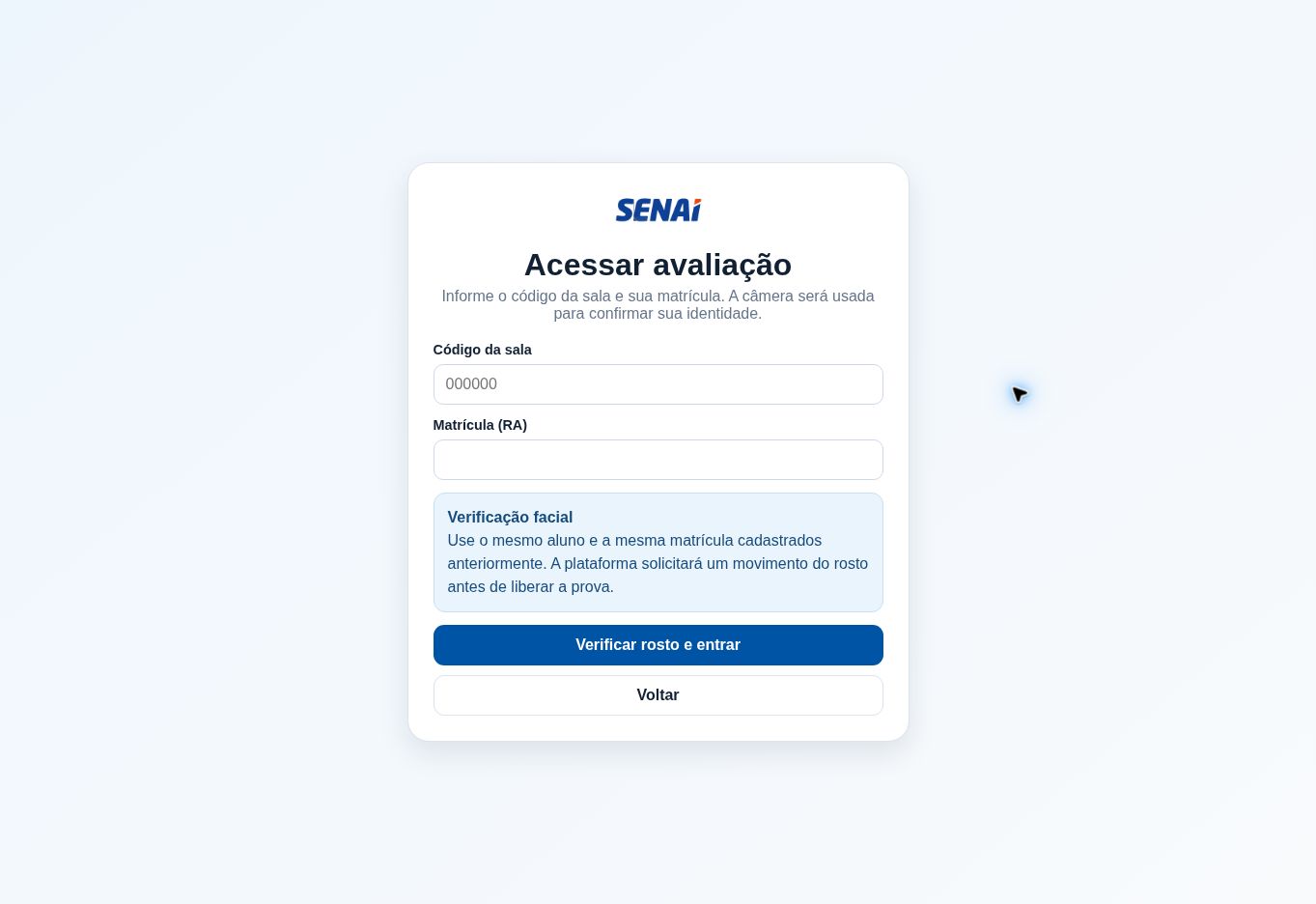 Tela de acesso à avaliação do Avalia SENAI